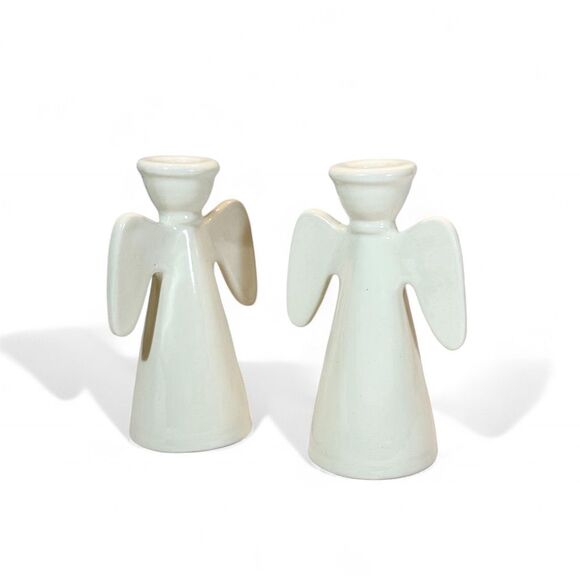 White Ceramic Angel Candle Holders Minimalistic Wedding Holiday Decor set of two - Picture 9 of 10